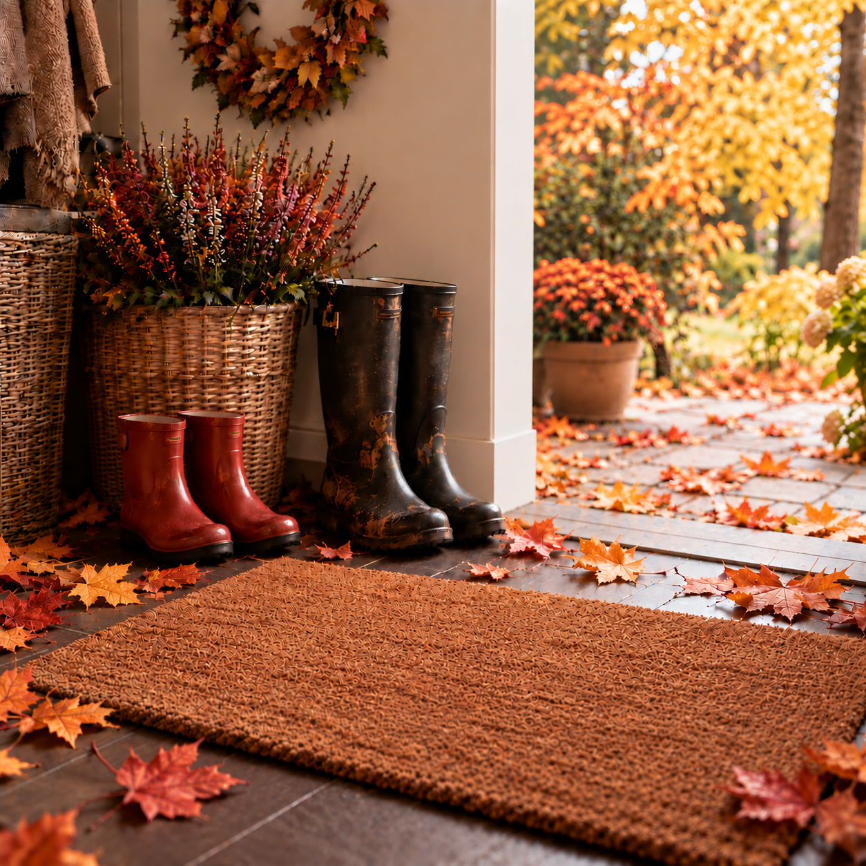 Herbstlicher Eingangsbereich mit Fussmatte, Gummistiefeln und buntem Herbstlaub
